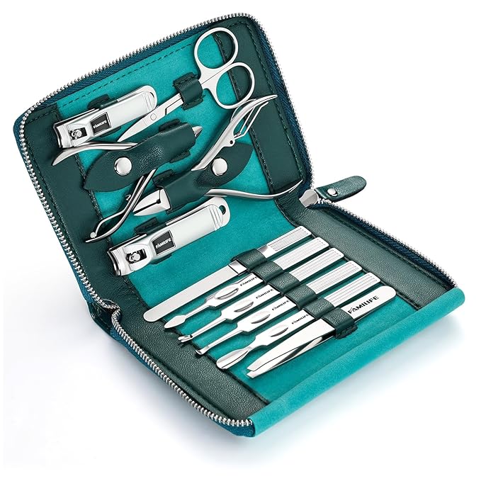 FAMILIFE Nail Kit, Professional Manicure Set Manicure Kit, 11 in 1 Stainless Steel Nail Clippers Set Pedicure Tools, Men Grooming Tool with Portable Blue Leather Travel Case Luxury Gifts for Him