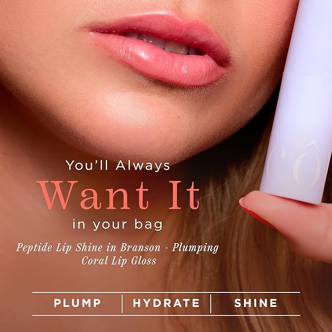 Cote Beauty's Peptide Lip Shine in Branson, Ultra Hydrating & Long-Lasting Coral Plumping Lip Gloss for Women with Hyaluronic Acid, Shea Butter & Jojoba Oil, Vegan & Cruelty-Free, 0.12 Fl Oz