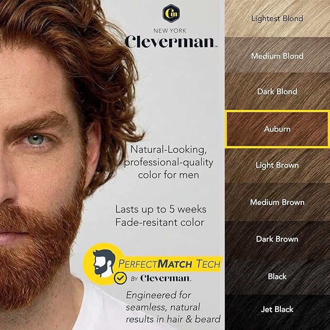 2X Pack Cleverman Hair & Beard Dye Kit for Men, All-in-One Reusable Mens Hair Color, Natural Gray Coverage, Ammonia-Free Beard Mustache Dye for Men (Auburn)