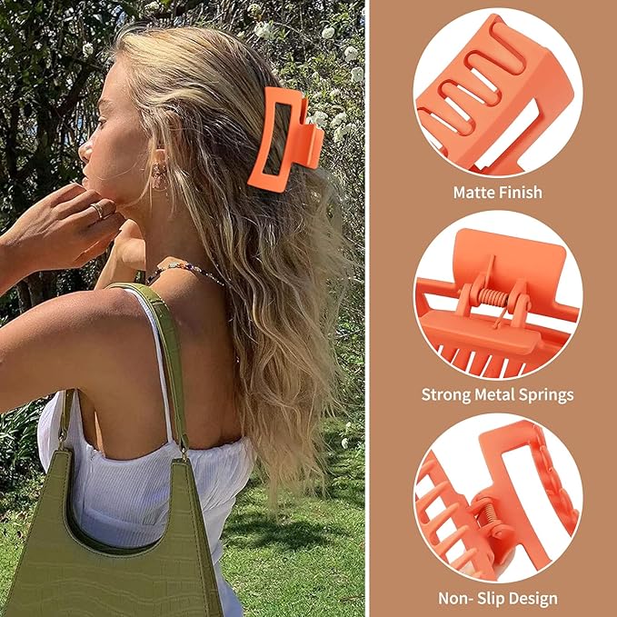 3.5 Inch Medium Hair Claw Clips 6 Pack Hair Clips for Women Square Rectangle Claw for Hair Banana Jaw Clips Hair Accessories for Girls (Orange)