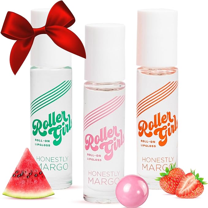 Honestly Margo Roller Girl Roll-On Lip Gloss Set (Strawberry Amber, Watermelon Alexis, Bubblegum Destiny - Pack of 3) – Lip Gloss for Women with Hydrating Vitamin E & Moisturizing Shine, Non Stick