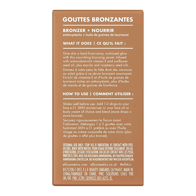 e.l.f. SKIN Bronzing Drops, Liquid Bronzer For Face & Skin, Creates A Sun-Kissed Glow, Infused With Vitamin E, Vegan & Cruelty-Free, Copper Gold