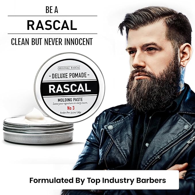 Original Rascal Deluxe Pomade for Men #3 - Matte Molding Hair Paste with Medium Hold & High Shine - Men's Styling Care Solution Product for All Hair Types - Natural Infused with Beeswax & Mineral Oil