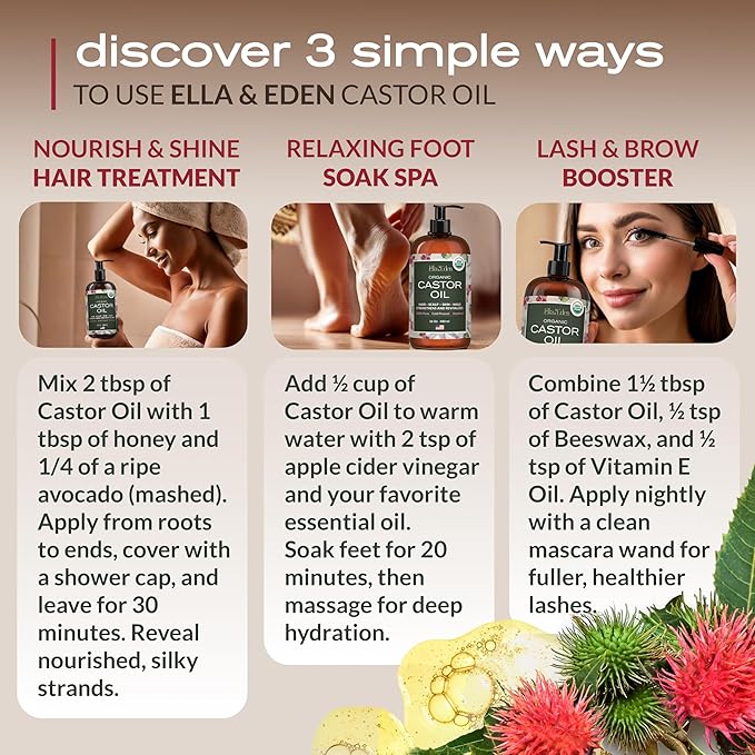 Ella & Eden USDA Organic Castor Oil – Cold Pressed Hexane-Free - Glass Bottle - For Hair Growth, Face, Eyelash, Skin, Stomach - 100% Pure Unrefined 16 Fl Oz