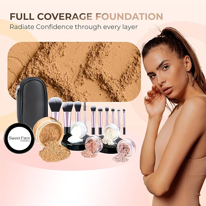 16pc Beginner Mineral Makeup STARTER KIT with 10 BRUSHES(5gm) Sample Size Foundation, Primer, Blush, Bronzer, Setting Powder for Learning, Occasional Use,First Time Users, Travel Size Kit(Deep Tan)