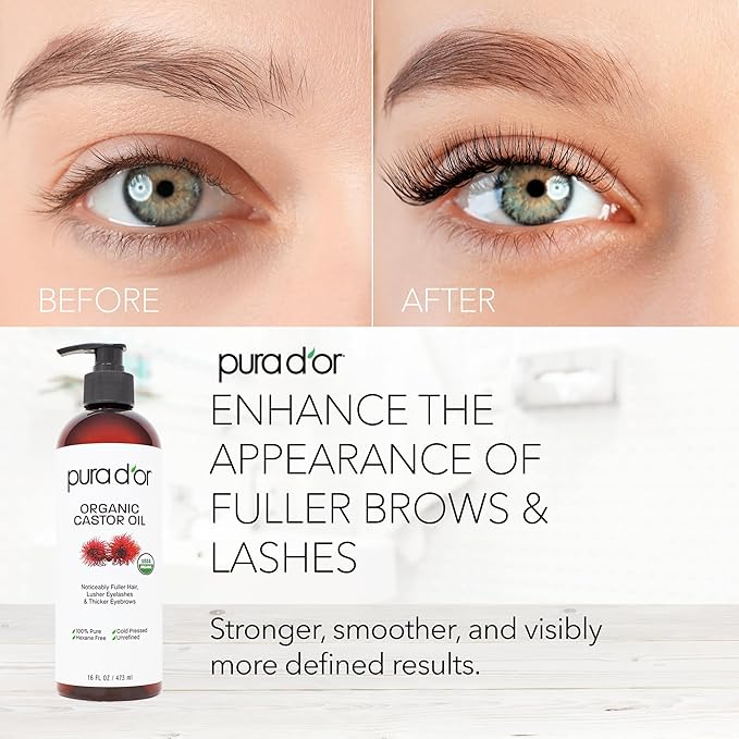 PURA D'OR 16 Oz Organic Castor Oil – Pure Cold-Pressed Hexane-Free USDA Certified – Lashes Brows Hair Scalp Skin – Botanical Moisturizer for Softness Strength Hydration Shine Radiance – Bulk Size