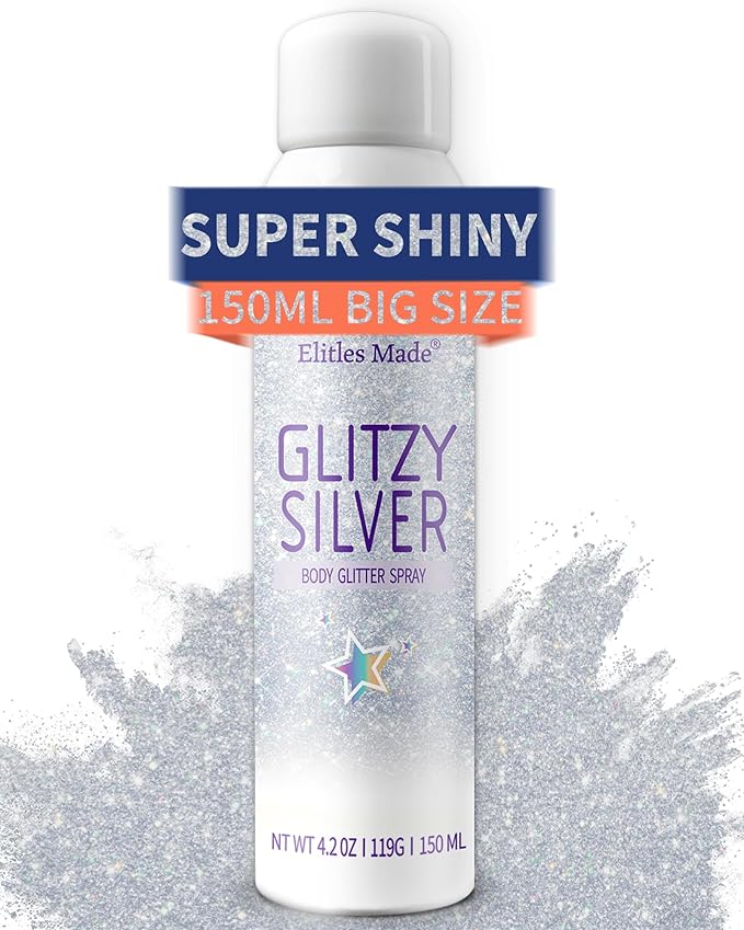 Hair Glitter Body Glitter Spray, 150ML Glitter Hairspray Silver Glitter Spray for Hair and Body, Hair Glitter for Kids Women, Body Shimmer Festival Rave and Makeup 4.2 Fl Oz