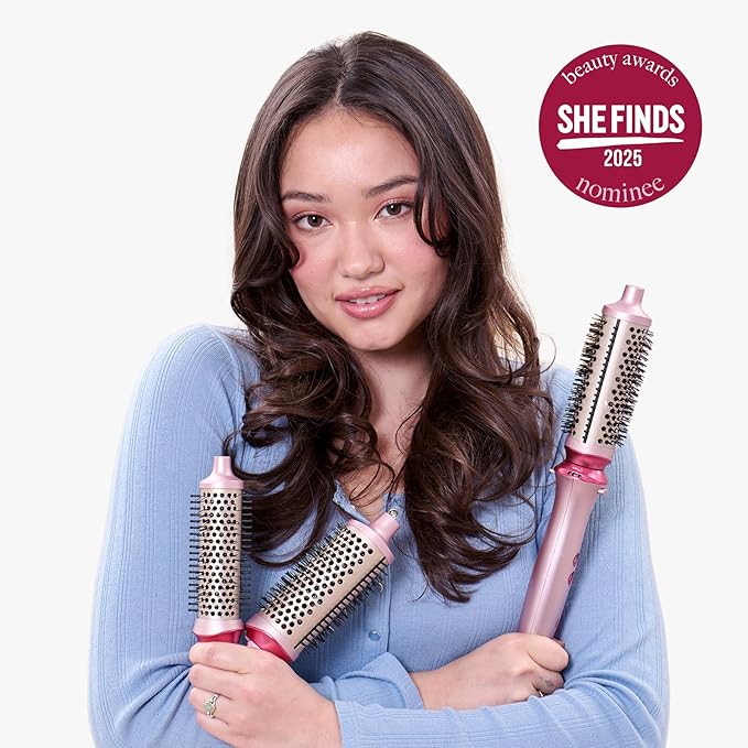 Wavytalk Heatwave Pro Ionic Thermal Brush Set, 3-Size Heated Round Brush for Short to Long Hair, Bilateral Negative Ions for Frizz-Free Shiny Blowout, Pink