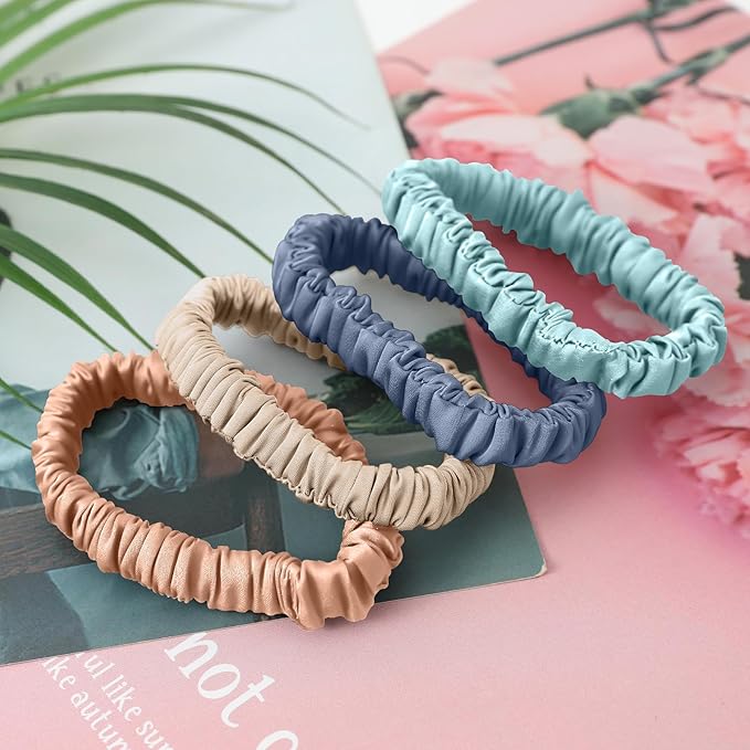 4Pcs Mulberry Silk Scrunchies & Hair Ties - No Crease Skinny Scrunchies Elastic Set for Women All Hair Types, Reduces Breakage (Coastal Tones)