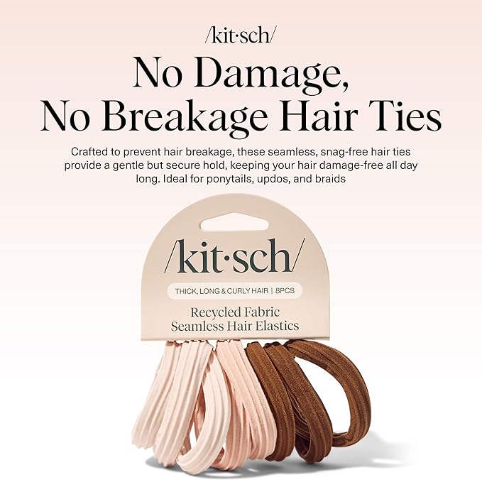 Kitsch Hair Ties No Damage - Strong, Stretchy Hair Bands | Soft Nylon Ponytail Holders, Snag-Free Rubber Bands, Perfect for Updos & Braids | Ideal Gifts for Women - Rosewood, 8pcs