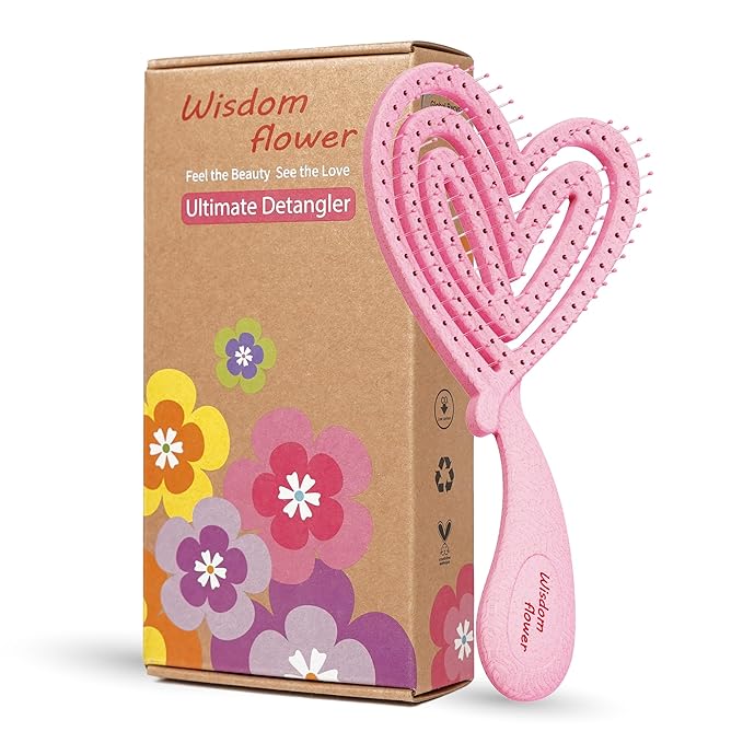 Detangler Brush – Heart-Shaped Detangling Brush for Curly, Wavy, Thick Hair – Sakura pink Hairbrush for Women with Bowl-Curve, Flexible Bristles, Blow Dryer Safe, Regular