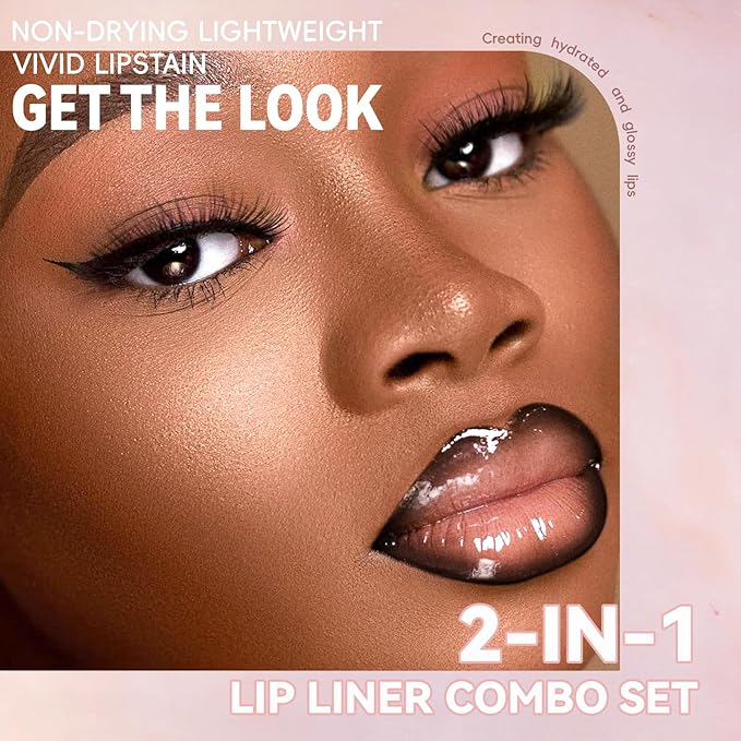 Lip Liner Gloss Lip Combo Set, 2 in 1 Lip Duo Black Lip Liner Lipstick Glossy Clear Nourishing Gloss Lip Kit,Smooth Quick Fuller Plumping Moisturizing Juicy Lip Makeup for Women 01# Gothic Ice