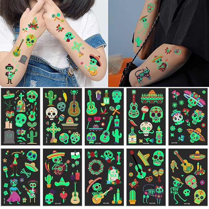 Day of the Dead Luminous Halloween Temporary Tattoo, 125PCS Waterproof Fake Face Tattoos, Body Stickers Decorations Glow in the Dark, Makeup Party Favors Supplies Decor