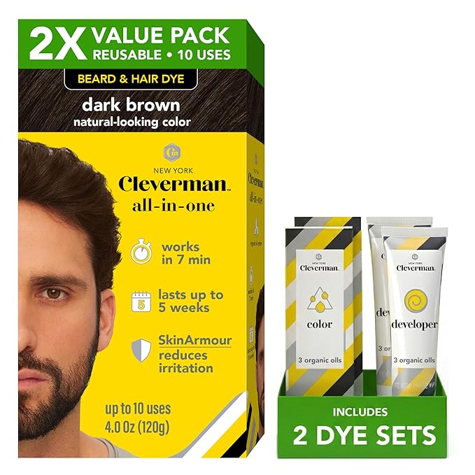 2X Pack Cleverman Hair & Beard Dye Kit for Men, All-in-One Reusable Mens Hair Color, Natural Gray Coverage, Ammonia-Free Beard Mustache Dye for Men (Dark Brown)