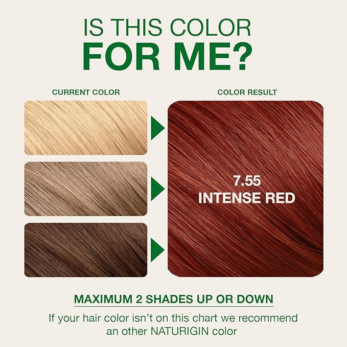 Naturigin Permanent Red Hair Dye - 7.55 Intense Red, Ammonia Free, 100% Gray Coverage, Nourishing Natural Formula, For All Hair Types, Long-Lasting, Vegan & Cruelty-Free, 1 Pack