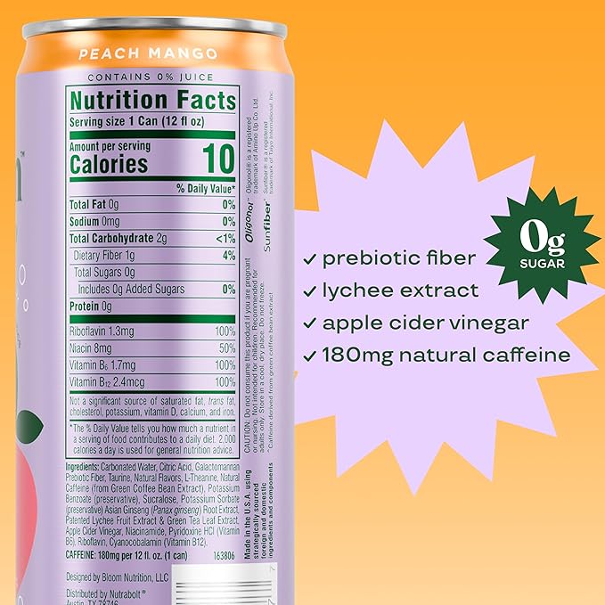 Bloom Nutrition Sparkling Energy Drink, Peach Mango | Zero Sugar | 180mg Caffeine | For Focus | 24 Pack