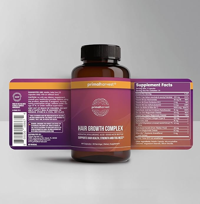 Primal Harvest Hair Growth Vitamins, Hair Growth for Women & Men - 60 Hair Growth Pills, Natural Hair Thickening Products for w/Biotin & Zinc - Hair Supplement, Regrowth Hair Vitamins