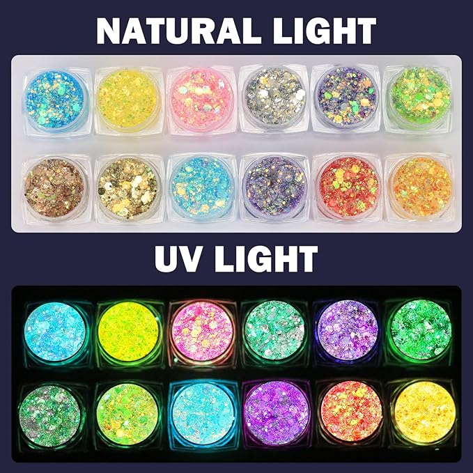 12 Colors Glow in The Dark Makeup UV Black Light Glitter Gel for Body Face Hair Eyeshadow for Raves Festivals Carnival Party