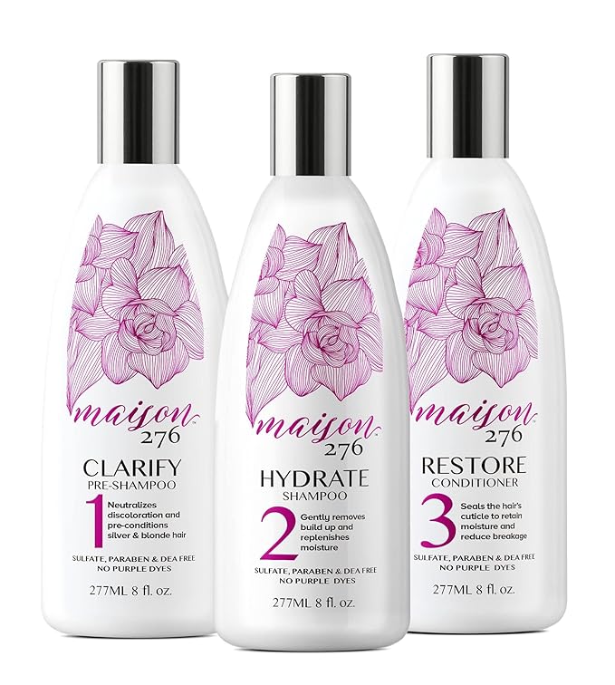 Maison 276 Pre-Shampoo, Shampoo and Conditioner for Silver, Gray & Blonde Hair, 3-Step System Tone-Correcting Shampoo, NOT a Purple Shampoo, Neutralizes Brassiness, Sulfate-Free, 3x 8oz Bottles