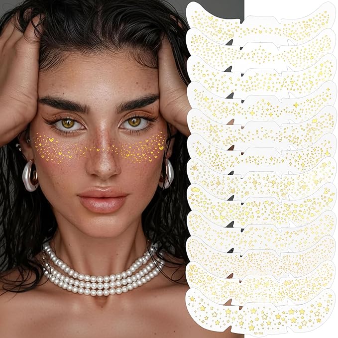 Face Glitter Freckles, 12 Pcs Gold Temporary Face Tattoos Stickers Waterproof Sparkle Face Speckles Makeup Patches Cute Body Temporary Tattoo Rave Accessories for Women Music Festival Accessories