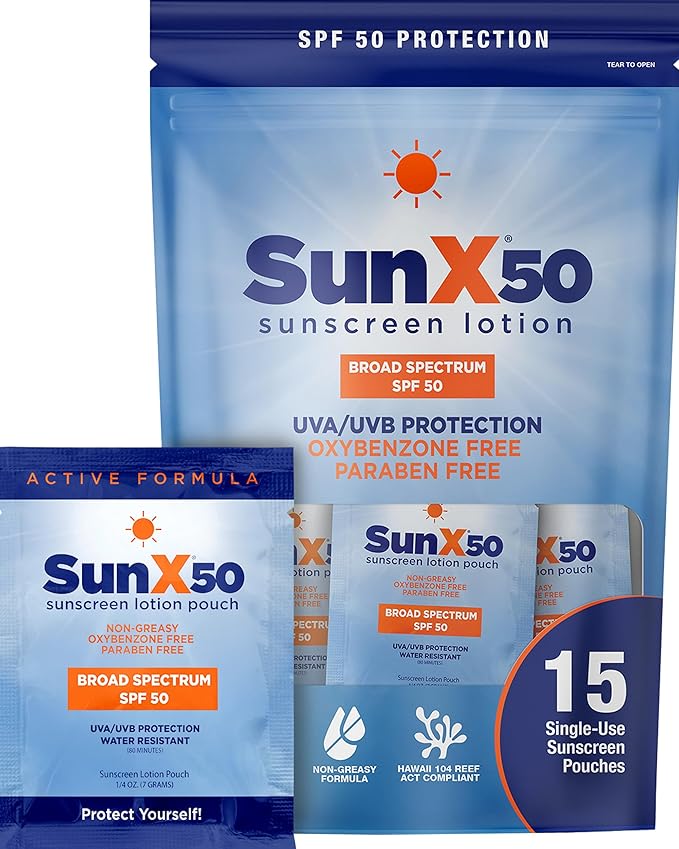 CoreTex Sun X 50 SPF Broad Spectrum Sunscreen Packets with Resealable Travel Bag - Pack of 15 Paraben, Oxybenzone, Octinoxate, & Oil Free Sunscreen - Water Resistant Up to 80 Minutes