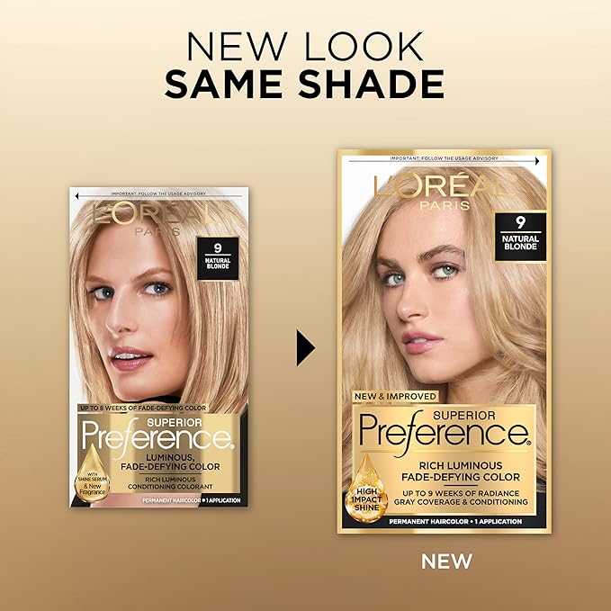 L'Oreal Paris Superior Preference Luminous Fade-Defying Permanent Hair Color, Hair Dye For Up to 9 Weeks of Radiance, Natural Blonde 9, 1 Hair Dye Kit