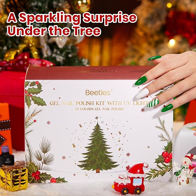 Beetles 80 Pcs Christmas Gel Nail Polish Kit with U V Light - 55 Color Gel Nail Kit Gifts for Teens Women Girls Soak Off Color Enchantment Winter Red Nails Art Home DIY Salon Beginners Manicure Set