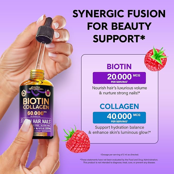 Liquid Biotin & Collagen 60,000 mcg - Vitamins for Hair Growth Support - Extra Strength Drops for Women & Men - Liquid Collagen Supplement - Strong Nails & Healthy Skin - Made in USA - 4 Fl Oz