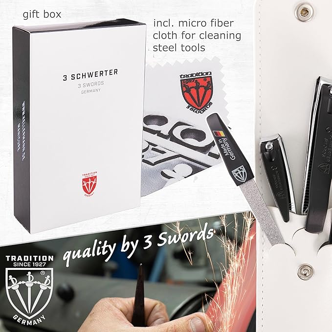 3 Swords Germany - Brand Quality 4 Piece Manicure Pedicure Grooming kit Set for Professional Finger & Toe Nail Care Tweezers File Clipper Fashion Leather case in Gift Box, Made by 3 Swords (02563)