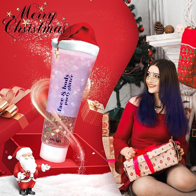 DAGEDA Christmas Body Glitter Gel, Gold Red Green Face Hair Glitter Makeup, Christmas Tattoos Accessories,Holographic Chunky Glitters, Shimmer Face Paint Singer Concert Rave Accessories 50ml