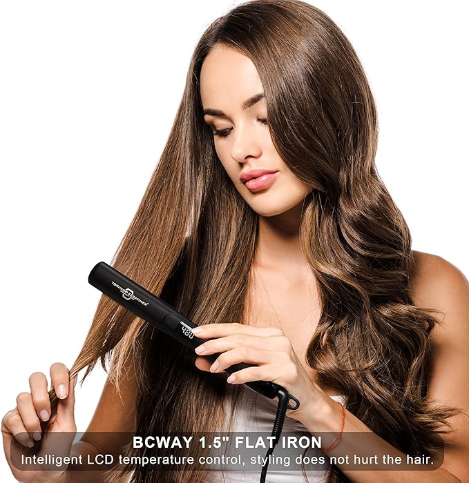 Straightener and Curler 2in1 with LCD Display 15s Fast Heating Ultra hot for American and African Hair Constant high Heat Adjustable Temperature Healthy Styling Tool for All Hairstyles (Black)