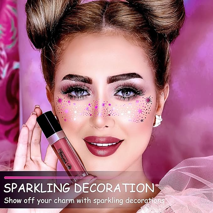 Face Glitter Makeup Patches, Face Glitter Freckles Face Tattoo, Sparkle Freckles Temporary Tattoo, Hot Pink Face Speckles Patches, Sweatproof Waterproof Fake Freckles for Women 6 Sheets