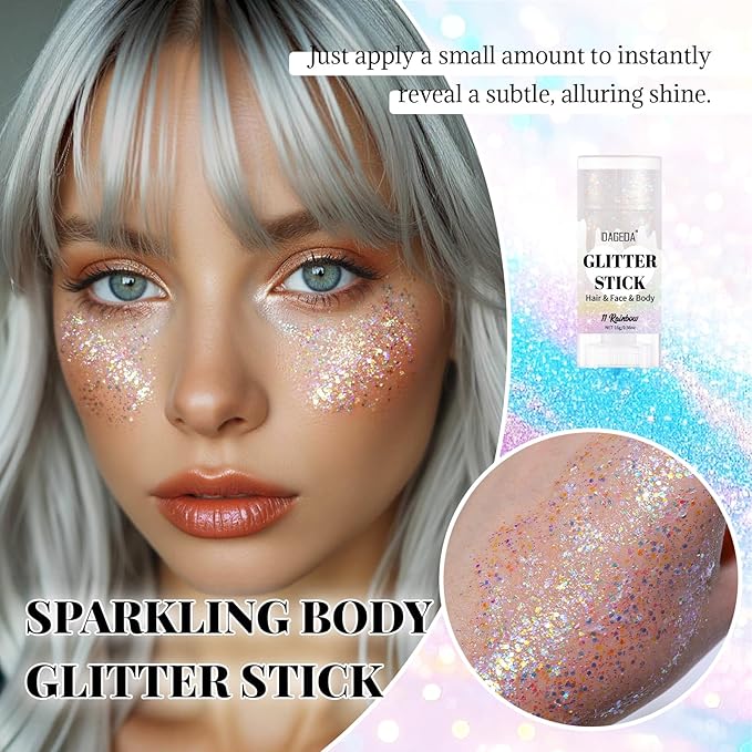 DAGEDA Rainbow Body Glitter Stick,Sparkly Face Glitter Makeup,Holographic Hair Glitters Mermaid Makeup Rave Outfits for Women, Shimmer Face Paint Stick Singer Concert Accessories