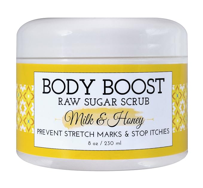 Body Boost Milk & Honey Sugar Scrub 8 oz- Help Prevent Dry Skin, Stretch Marks, and Scars- Pregnancy and Nursing Safe- Allergen Free