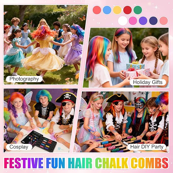 10 Colors Festive Fun Hair Chalk Combs, Advanced Temporary Glitter Hair Colors Hair Chalk Combs, Washable Hair Color Dye for Birthday Christmas Party Gifts for Teenage and Girls