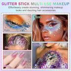 Green Body Glitter Stick, Face Body Glitter Gel Holographic Hair Glitter Halloween Chunky Sequin Waterproof Face Paint Stick Glitter Makeup for Women