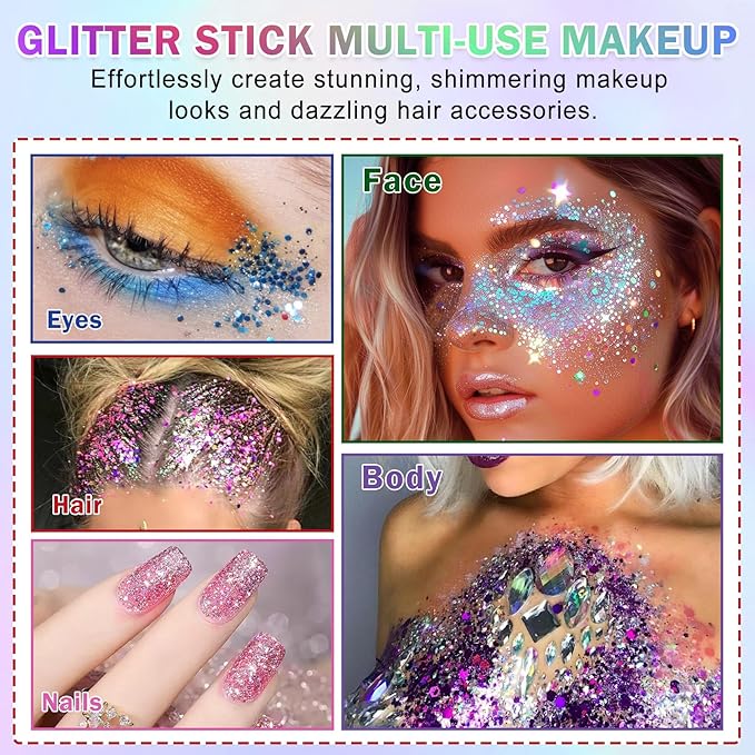 Purple Body Glitter Stick, Face Body Glitter Gel Holographic Hair Glitter Halloween Chunky Sequin Waterproof Face Paint Stick Glitter Makeup for Women