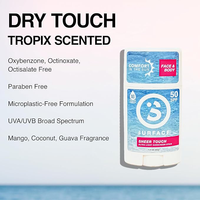 Surface TROPIX Sheer Touch Sunscreen Stick, Water Resistant, UVA/UVB Broad Spectrum, Fast Drying Protection, PABA Free - SPF 50-1 PACK