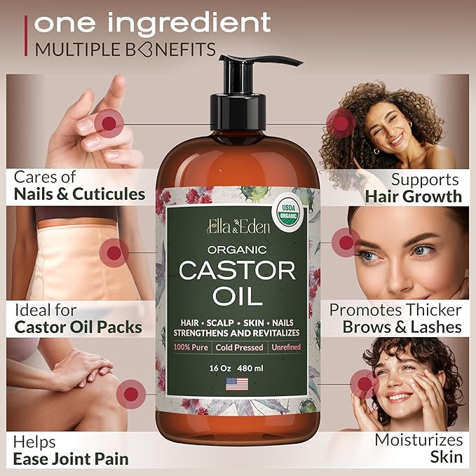 Ella & Eden USDA Organic Castor Oil – Cold Pressed Hexane-Free - Glass Bottle - For Hair Growth, Face, Eyelash, Skin, Stomach - 100% Pure Unrefined 16 Fl Oz