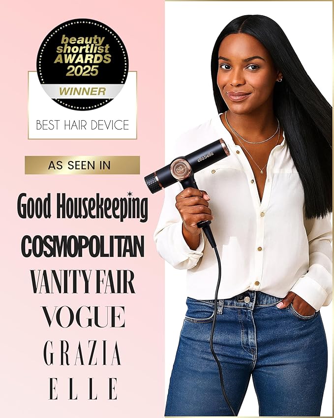 ELLA BELLA® Professional Ionic Hair Dryer with Diffuser • Dual Voltage Negative Ion Blow Dryer • Suitable All Hair Types • Intelligent Heat Control & Rapid Drying Speeds • Lightweight Design Low Noise