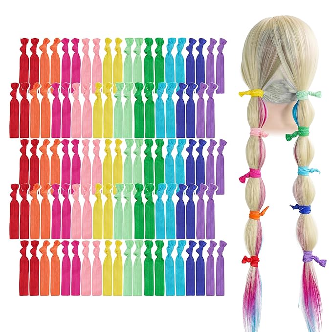 MEEDEE 100 Pack Rainbow Elastic Hair Ties: No Crease, Soft Ribbon Knotted Ponytail Holders for Women, Ouchless Yoga Bracelets