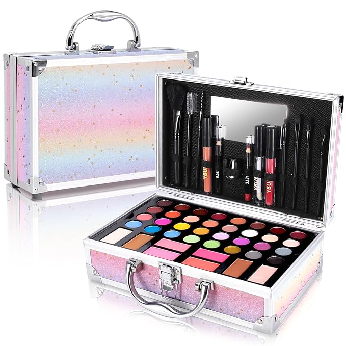 Beginner Makeup Kit for Teen,Makeup Set for Girl Women,Beginner Makeup Kit with Cosmetic Train Case Included 32 Colors Eyeshadow Blush Contour Lip Gloss Lip Liner Eyeliner Brush Set Mirror