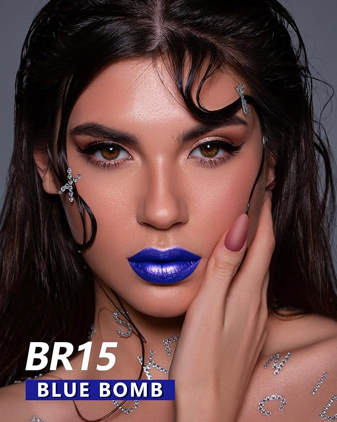 MAKI YIKA Blue Lipstick for Women Metallic Lipsticks Glitter Long Lasting Lipstick No Smudge No Transfer Liquid Pink Lip Gloss (BR015 Blue Storm)
