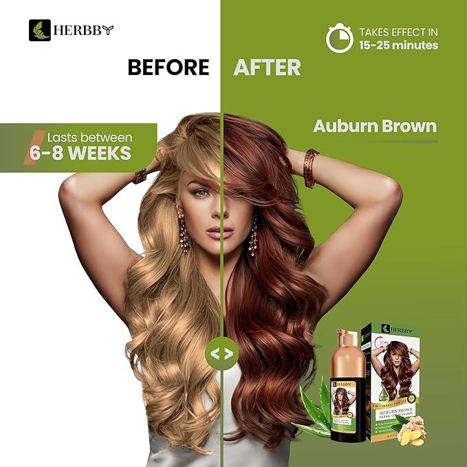 HERBBY Hair Color Shampoo for Gray Hair Coverage&Color Transform with 9 Herbal Extracts –Long Lasting(6-8 Weeks),Shiny,Evenly Colored,Instant Hair Dye Shampoo&Conditioner,500 Ml (AUBURN BROWN COLOR)