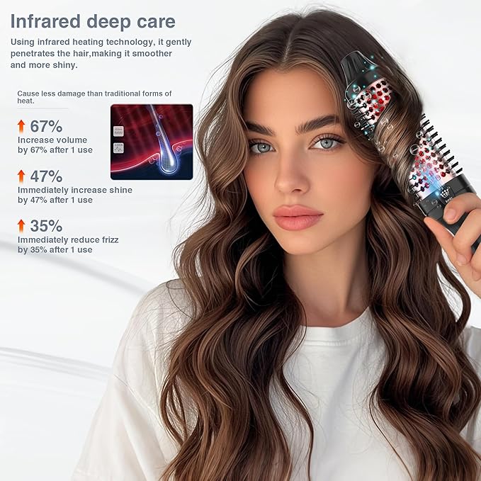 Infrared Bounce Brush, Heated Thermal Round Brush with Negative Ion Technology, 8 Heat Settings for Blowout Look with Hair Care Oil, Straightening & Curling, 1.5" Barrel for All Hair Types, Black