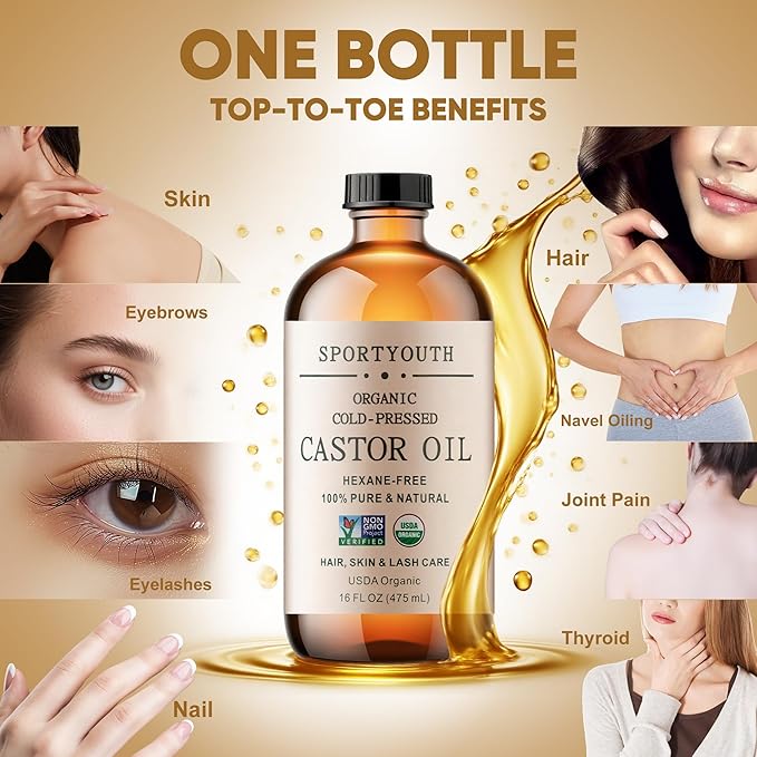 SPORTYOUTH Castor Oil Organic, Cold Pressed, Hexane Free, USDA Certified 100% Pure Glass Bottle 16oz Non-GMO Unrefined Carrier Oil for Hair Growth, Face, Castor Oil Pack, Eyelashes, Brows, Skin