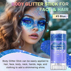 Blue Body Glitter Stick, Face Body Glitter Gel Holographic Hair Glitter Halloween Chunky Sequin Waterproof Face Paint Stick Glitter Makeup for Women