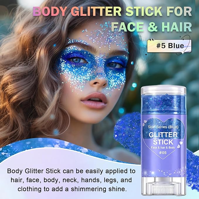 Blue Body Glitter Stick, Face Body Glitter Gel Holographic Hair Glitter Halloween Chunky Sequin Waterproof Face Paint Stick Glitter Makeup for Women
