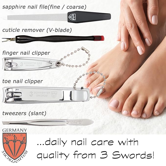 3 Swords Germany - brand quality 7 piece manicure pedicure grooming kit set for professional finger & toe nail care scissors clipper fashion leather case in gift box - Made in Germany