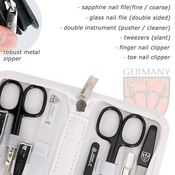 3 Swords Germany - brand quality 8 piece manicure pedicure grooming kit set for professional finger & toe nail care scissors file clipper fashion leather case in gift box, Made by 3 Swords (01634)